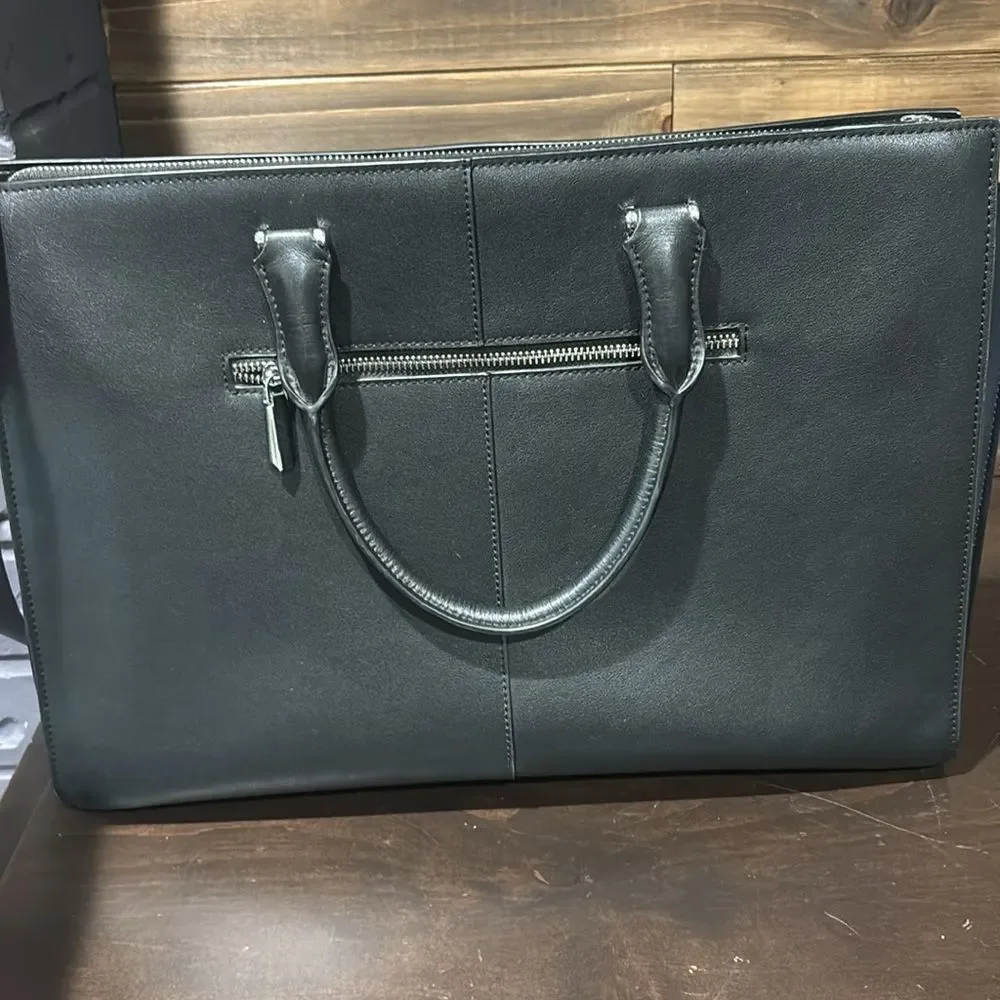 Claci Black Leather Accordion Color Side Tote Business Briefcase Bag